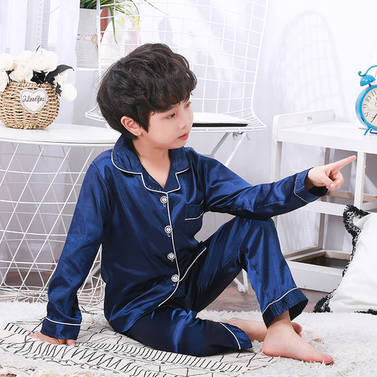 Children's Cardigan Long Sleeve Pajamas Girls Boys Ice Silk Solid Color
